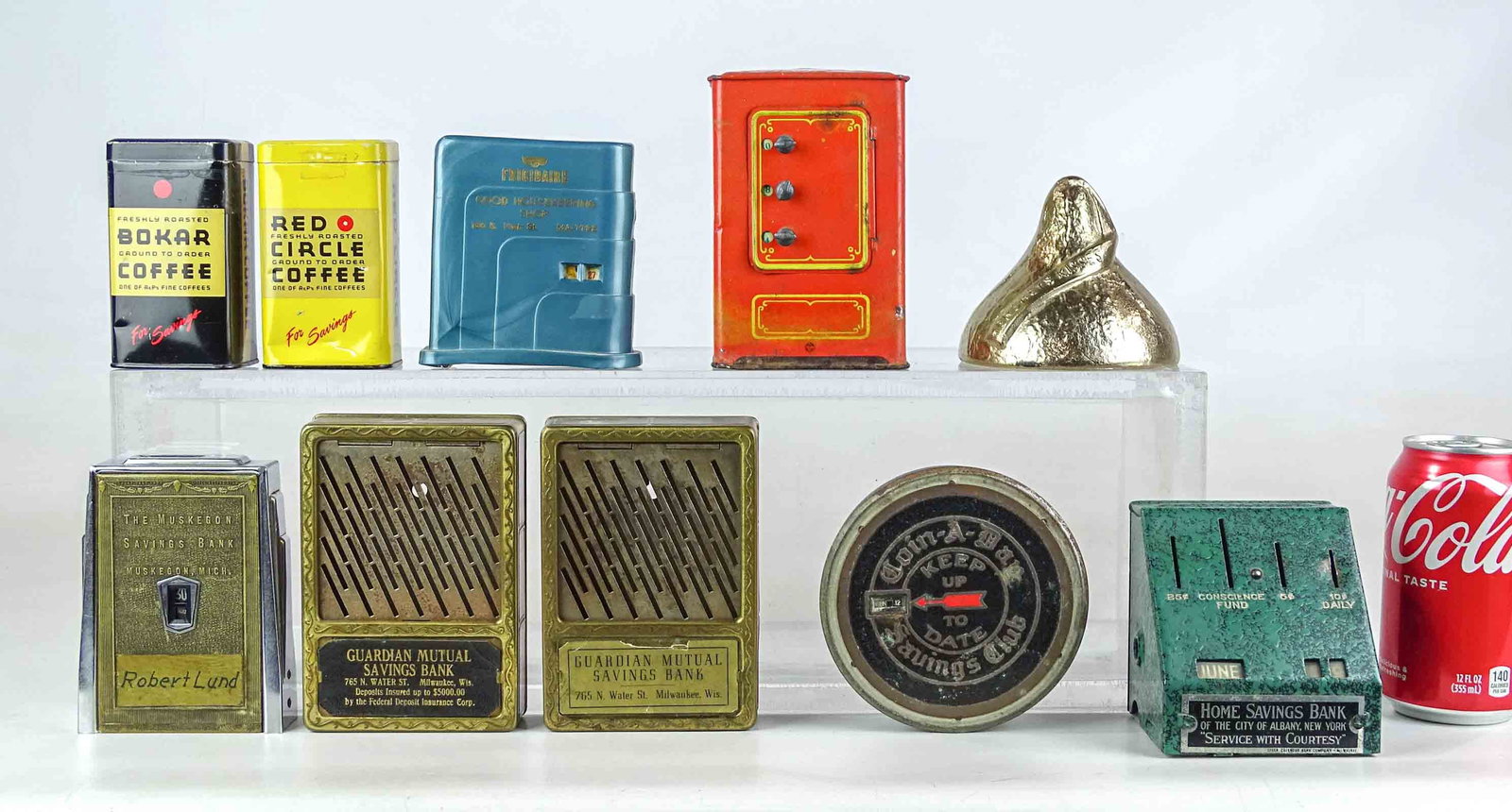 Bank Lot: Lot (10) vintage banks including Savings, tin litho coffee.