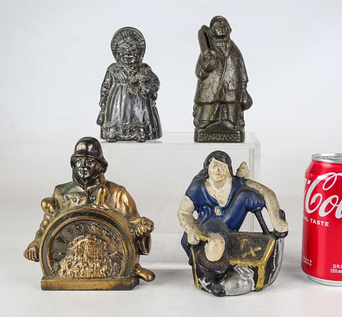 Bank Lot: L0t (4) banks including cast iron Pirate, Pilot Life Insurance Company, "STADT SPARKASSE KREFELD GEGR. 1840", Old Woman with Dog. Tallest 6" Ht..