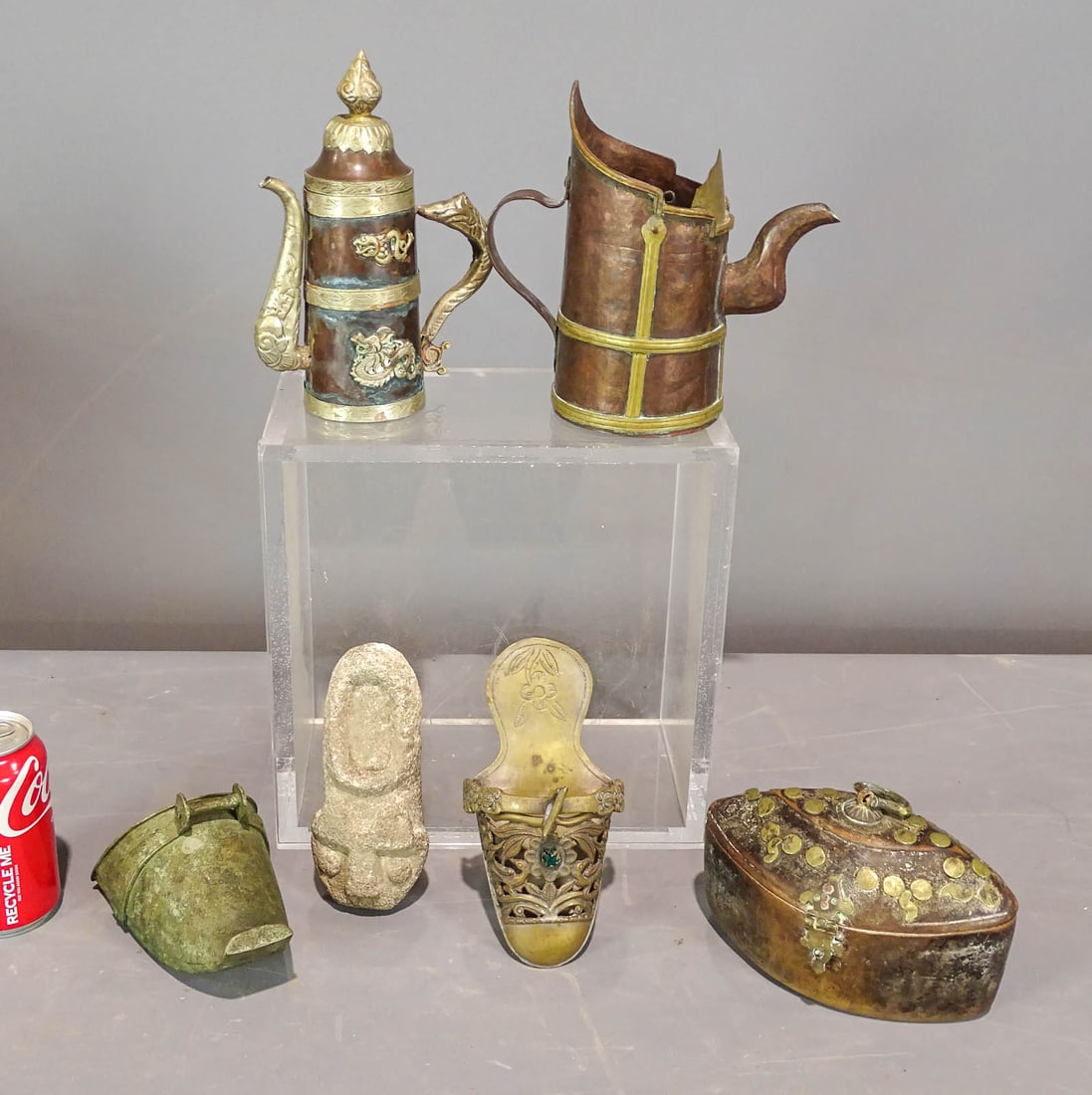 Misc. Lot: Lot of including Peru, Brazil and China box, pots, stone carving, brass shoes.