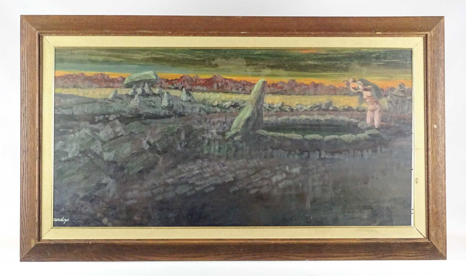 Frank Cardoza Nicholas (20th Century): Painting: Frank Cardoza Nicholas, landscape with nude figure. Oil on panel. Signed front and verso. 19 1/2" x 39 1/2", overall 27" x 47".