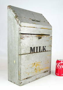 Early Milk Box: Early painted wooden drop front milk box. 12" x 5" x 19".