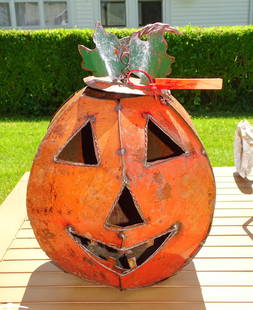 Tin Pumpkin Lantern: Tin pumpkin lantern 19" Ht..