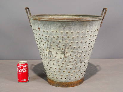 Metal Strainer Bucket: Early metal strainer bucket. 18" D., 17" Ht..