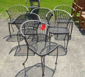 Wrought Iron Patio Arm Chair Set: Set (4) wrought iron patio arm chairs 17 1/2" seat Ht. x 31" Ht. and a pair of similar arm chairs.