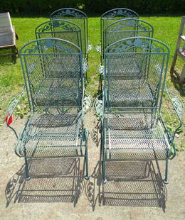 Wrought Iron Spring Arm Chair Set: Set (6) wrought iron "spring" arm chairs (note pair are "swivel" style 16" seat Ht. x 40 1/2" Ht..