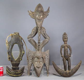 New Guinea Figural Wood Carvings: Lot (3) New Guinea figural wood and shell carvings. Largest 36" L..