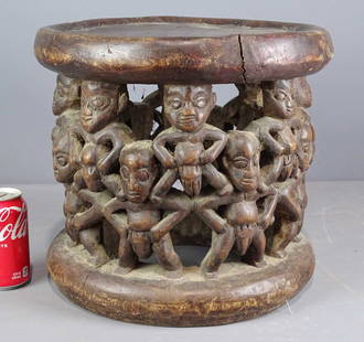 African Stool: Carved wooden African stool. Bamileke, Cameroon Africa. 14" D., 13 1/2" Ht..