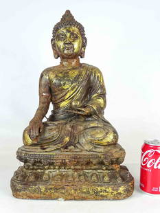 Gilded Iron Buddha Figure: Gilded iron Buddha figure. 12" x 7" x 20 1/2" Ht..