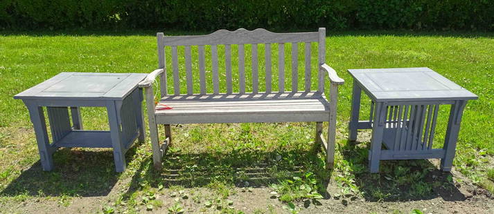 Outdoor Furniture Lot: Outdoor furniture lot including: Windsor Design teak settee with carved floral crest 17" seat Ht. x 50 1/2" W. x 35 1/2" Ht. and a pair or wooden patio end tables (as is) 27" x 24" x 22" Ht..