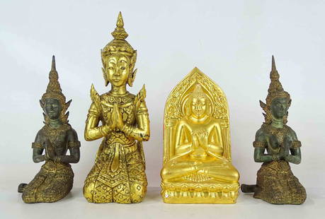 Buddha Figures: Lot including pair of bronze figures (8 3/4" Ht.), composition Buddha (8" Ht.), wooden Buddha (11 1/4" Ht.).