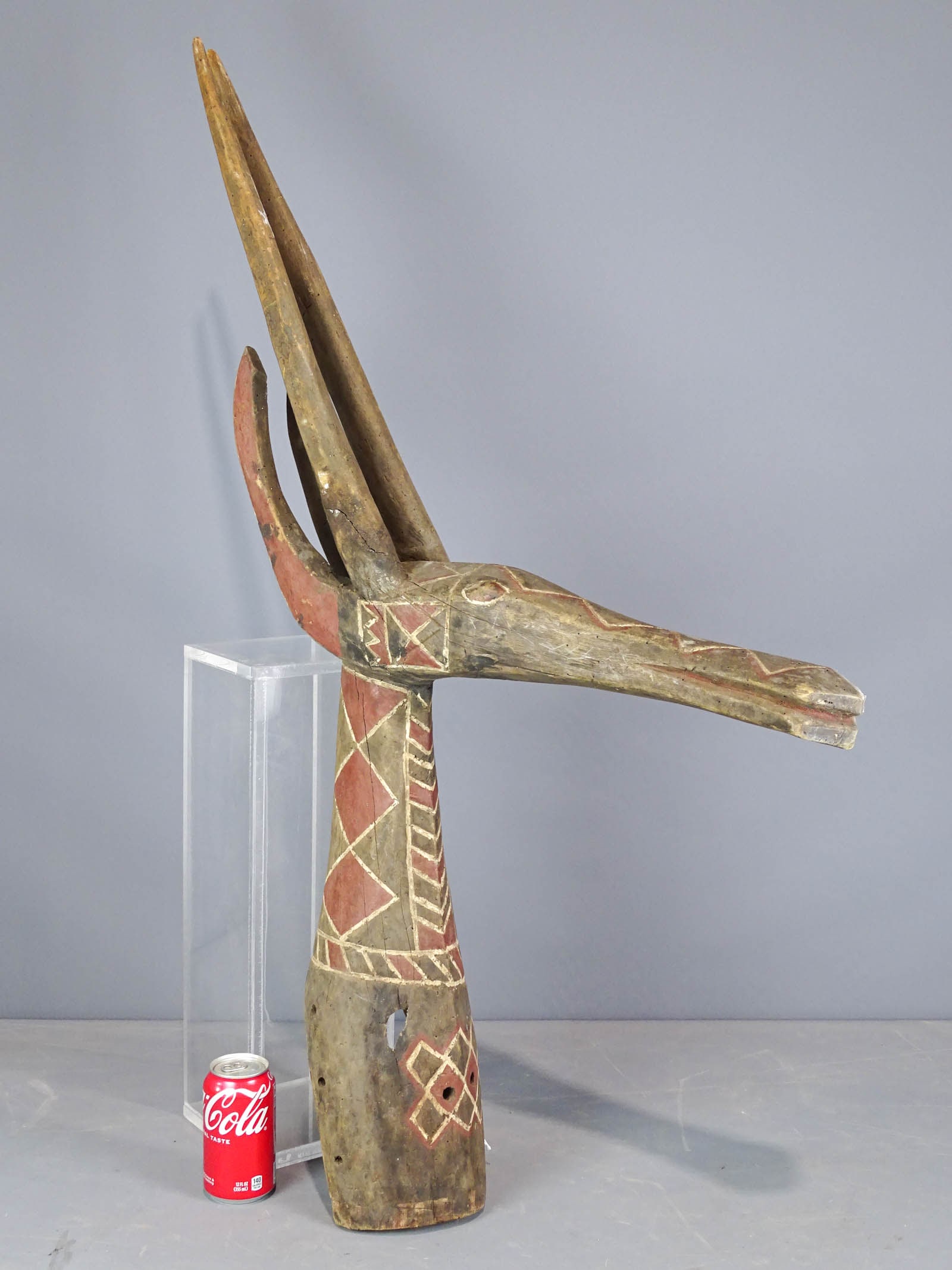 African Antelope Headress: Large carved wooden antelope headdress. Karumba Tribe, Burkina Faso. 43" L..