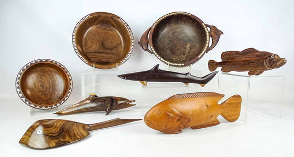 Solomon Islands Lot: Lot (3) mother of pearl inlaid Solomon Island bowls (7 1/2", 9 1/2", 14" D.), (5) fish. Largest 13" L..