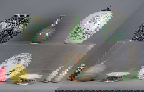 Asian Ceramics Lot: Lot (9) pieces of Asian ceramics including (6) vases (tallest 11" D.), (2) dishes and plate.