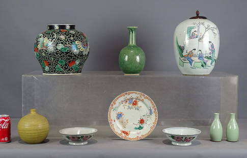 Asian Ceramics Lot: Lot (9) pieces of Asian ceramics including (6) vases (tallest 11" D.), (2) dishes and plate.