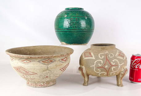 Asian Pottery: Lot including Asian pottery jar (8" Ht.), pottery bowl (11" D., 6" Ht.), tri-foot pottery jar (8" D., 7" Ht.).