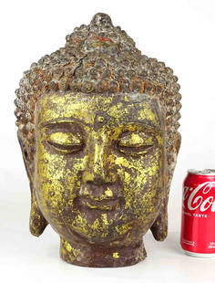 Gilded Iron Buddha Head: Large iron gilded Buddha head. 15" Ht..