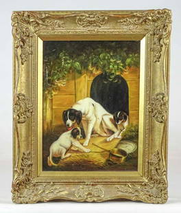 C. Haag (20th Century): Painting: C. Haag (20th Century), mother dog and pups. Oil on wood panel. Signed LRC. 12" x 9", overall 17" x 14".