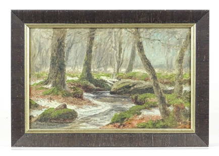 Albert Insley (1842-1937): Painting: Albert Insley (1842-1937), forest with stream, oil on canvas. 6 3/4" x 10 3/4", overall 9" x 13".