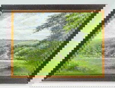 Albert Insley (1842-1937): Painting: Albert Insley (1842-1937), landscape, oil on canvas. Apple Orchard. Info on tag. Sight 9 1/2" x 13 1/2", overall 12 1/2" x 16".