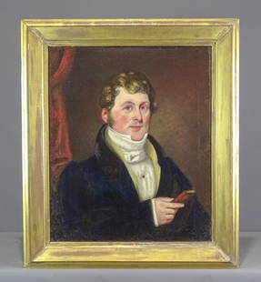 Painting: 19th c. Portrait of a Gentleman: Painting: 19th c. portrait of a gentleman. H. Zacches Henshaw 1794, attributed to Mather Brown. Oil on canvas. 30" x 25", overall 37 1/2" x 32 1/2". Doyle sticker verso.