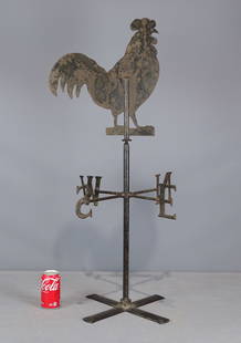 Rooster Weathervane: Sheet metal rooster with directionals weathervane. Comes off base. 38 1/2" overall Ht..