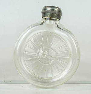 High Wheel Flask: Early clear glass High Wheel bicycle flask with silverplate lid. 5" Ht..