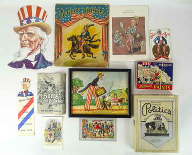 Uncle Sam Lot: Uncle Sam lot including framed puzzle "GREATES SHOW ON EARTH" (overall 8" x 10 1/2"), postcards, trade cards, "Game of Politics", Yankee Doodle booklet etc..