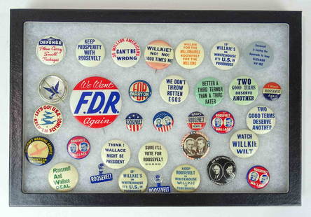 Roosevelt Pin Lot: Lot over (30) Frankin Delano Roosevelt pins. Case included.