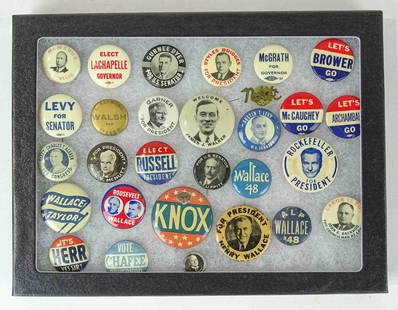 Political Pins Lot: Lot of misc. Political pins including Wallace, Brower, Walker, Kerr. Case included.