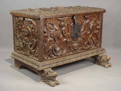 Spanish Heavily Carved Dowry Chest: 18th c. large heavily carved Spanish wooden Dowry chest. Original key and lock. 43" x 32" x 32".