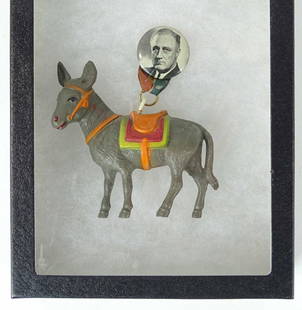 Roosevelt Donkey Pin: 1936 election Franklin Delano Roosevelt celluloid donkey pin. Case included.