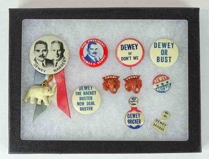 Dewey Political Pins: Lot of (10) Dewey Warren political pins. Case included.