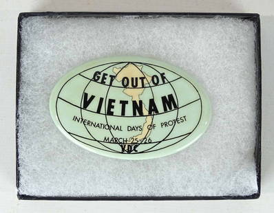 Vietnam Protest Pin: Period pin "GET OUT OF VIETNAM INTERNATIONAL DAYS OF PROTEST MARCH 25-26". Case included. 2 1/2" x 2".
