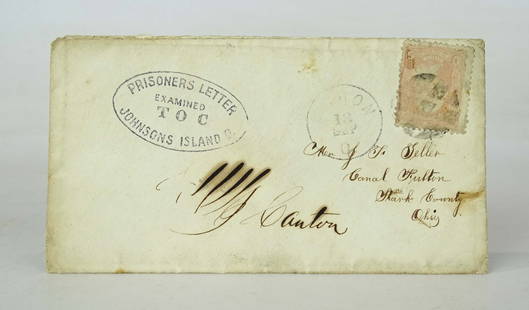 Civil War Letter Cover: Scarce Civil War period envelope marked "PRISONERS LETTER JOHNSONS ISLAND", marked Ohio.