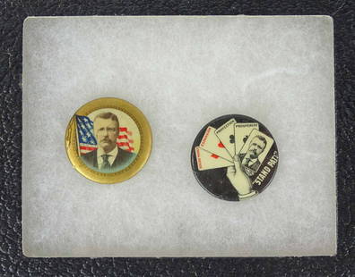 Teddy Roosevelt Pins: Lot (2) 1 1/4" Teddy Roosevelt pins. Case included.