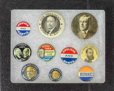 Political Pins Lot: Political pins lot including Hughes, Alfred E. Smith, Coolidge, Harding, Hoover & Curtis. Case included.