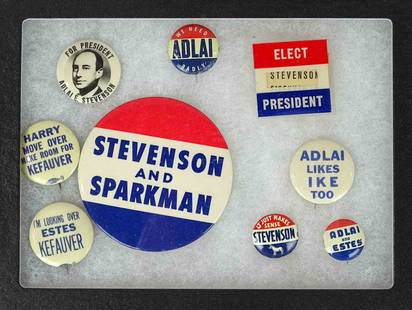 Political Pins Lot: Lot (9) Stevenson political pins. Case included.