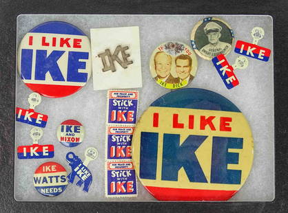 Ike Political Lot: Ike political lot including stamps, buttons, pins. C. 1950's. Case included.