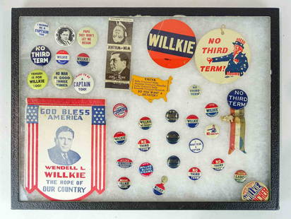 Willkie Lot: Willkie lot of pins, matchbook cover, banner etc.. Case included.