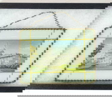 C. 1900 Glass Capitol Building Wall Hanging: C. 1900 Glass Capitol building wall hanging. 5 1/4" x 7 1/4". Case included.