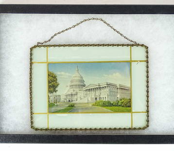 C. 1900 Glass Capitol Building Wall Hanging: C. 1900 Glass Capitol building wall hanging. 5 1/4" x 7 1/4". Case included.