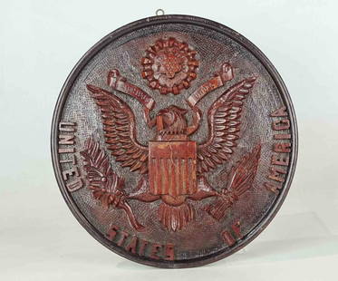 Carved Wooden Carved Patriotic Plaque: Carved wooden Patriotic plaque. Great Seal U.S. Department of State. 11" D..