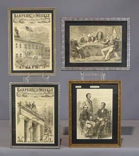 Framed Harpers Weekly Lot: Lot (4) framed Harpers Weekly Newspaper items including (2) covers (1861) and (2) prints. All have Lincoln. Largest frame overall 17" x 13".