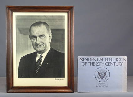 New York Times Presidential Portfolio: New York Times portfolio with (18) famous reprinted covers, along with LBJ White House portrait signed by artist Arnold Newman (overall 27" x 20 1/2").