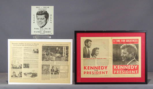 Kennedy Lot: Kennedy lot including Rall Handbill (11 1/4" x 9"), framed poster (overall 20 1/2" x 27"), foldout (overall 15 1/2" x 22 1/2").