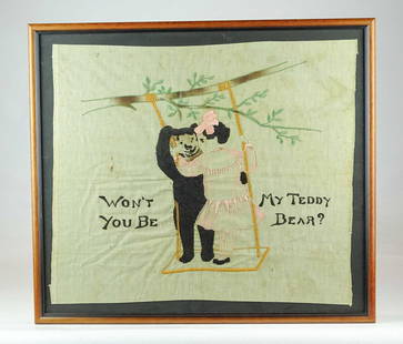 Early Teddy Bear Framed Pillow Top: Early Teddy Bear framed pillow top "WON'T YOU BE MY TEDDY". Overall in frame 22" x 24 1/2".