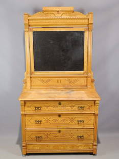 Victorian Eastlake Dresser with Mirror: Victorian chestnut Eastlake dresser with mirror. 43" x 21" x 82" Ht..