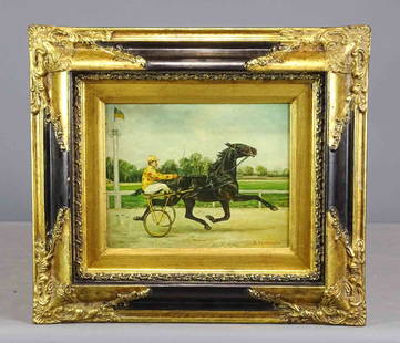 Horse Race Painting: Harness race Jockey with black horse on the track. Oil on panel. Signed lower right P. Thornton. 8" x 9 1/2", overall 15 1/2" x 17 1/2".