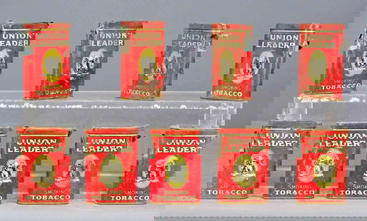 Tobacco Tins: Collection of (9) early tobacco tins "UNION LEADER SMOKING TOBACCO". 4 1/2" L..