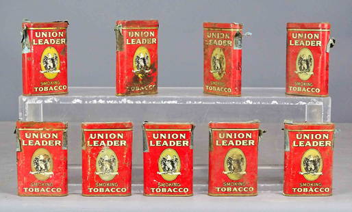 Tobacco Tins: Collection of (9) early tobacco tins "UNION LEADER SMOKING TOBACCO". 4 1/2" L..